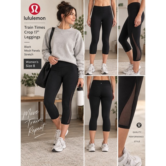 lululemon athletica Pants - Lululemon Train Times Crop 17" Leggings Black Mesh Panels Stretch Women's Size 8